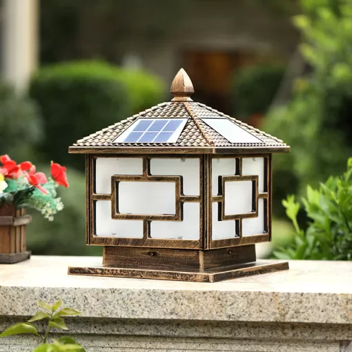 Đèn trụ cổng năng lượng mặt trời, có thể dùng điện 220V kết hợp, kích thước D250mm, có Remote điều khiển